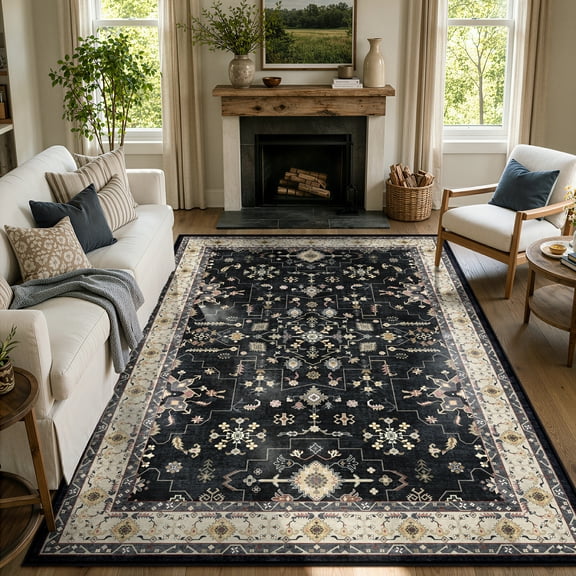 Moynesa 5'x7' Washable Area Rugs for Living Room, Soft Dark Vintage Medallion Distressed Carpet, Low Pile Stain Resistant Classic Traditional Accent Rug for Bedroom Dining Room Office, Black