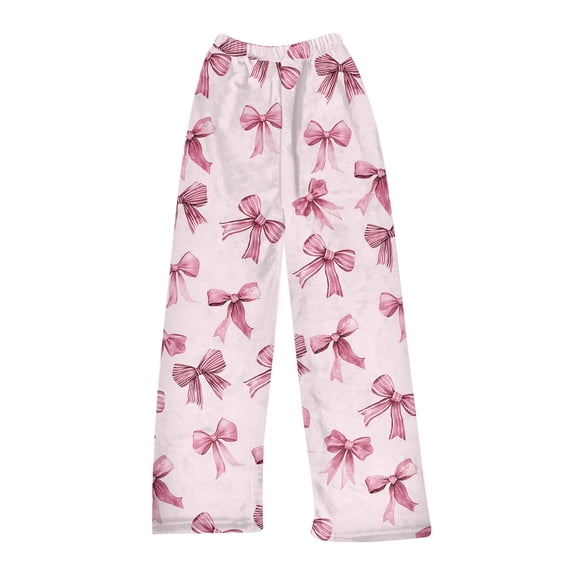 Women's Bowknot Print Plush Pajama Pants, Soft Fleece Casual Sleep Lounge Trousers Warm Nightwear Slacks, Pink, L