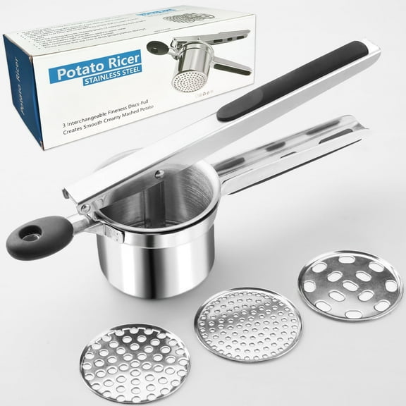 Anjinsoft Stainless Steel Potato Ricer with 3 Interchangeable Discs, 15oz Potato Masher with Non-Slip Silicone Grip