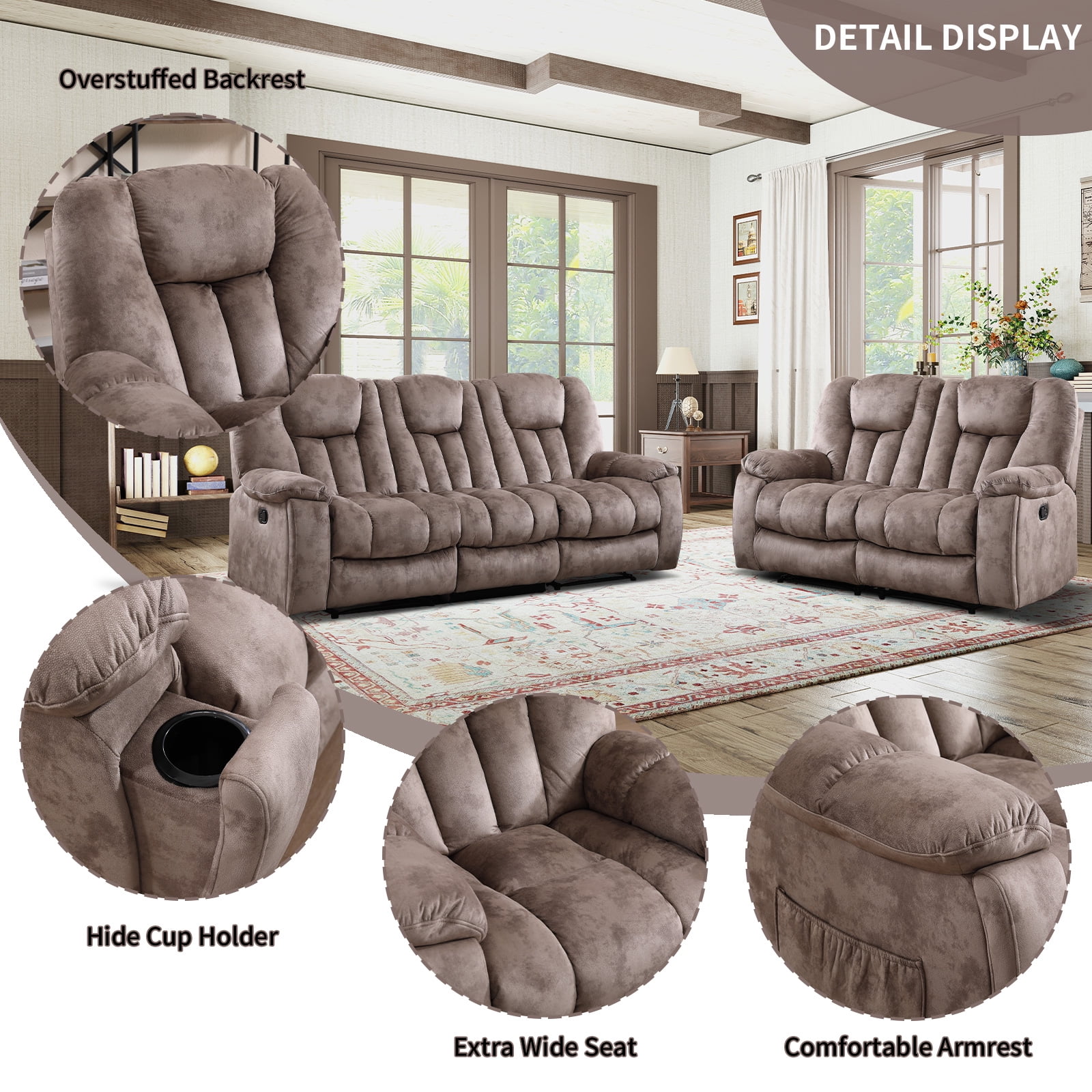 Bonzy Home 2-Piece Manual Recliner Sofa Set, Overstuffed Reclining Loveseat and Wide 3PC Recliner Chairs Sofa for living room, Brown