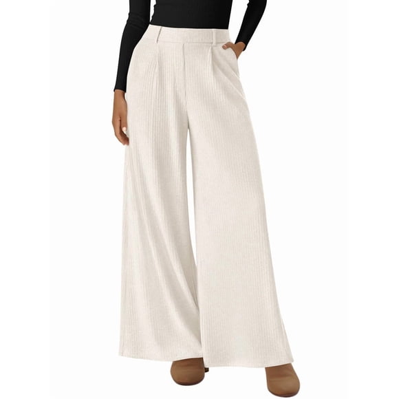 Women Dressy Work Business Casual Elastic High Waisted Trousers Ribbed Lounge Palazzo Pants Cream White XL