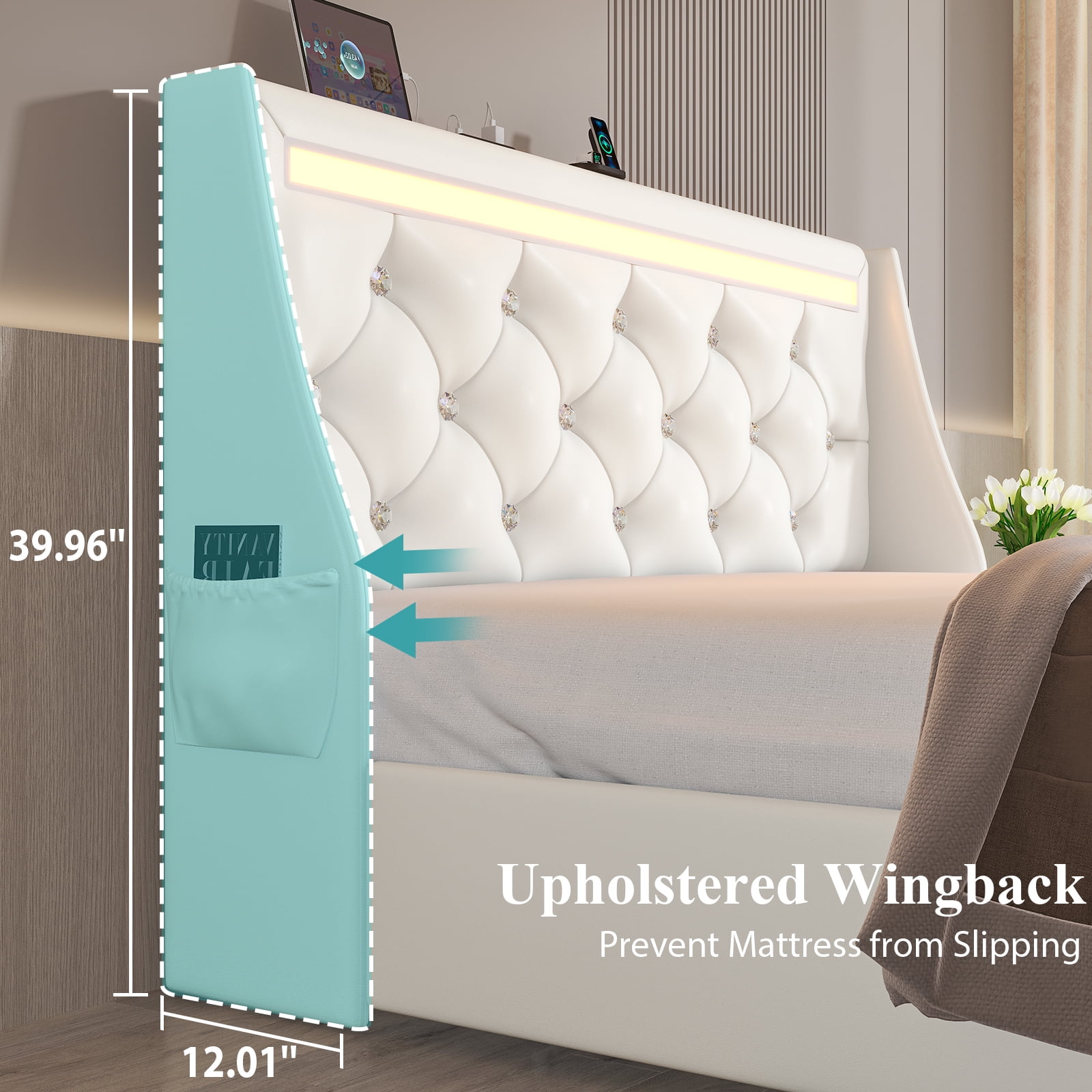 E-motie Queen Bed Frame with 2 Storage Drawers, Upholstered Headboard with LED Light & Charging Station, Diamond Tufted Style, Pu Leather, White