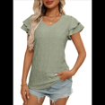 thumbnail image 3 of Camiseta de Verano para Mujer, Cuello en V, Volantes, Corta, Calada, Verde Frijol, XL, 3 of 8