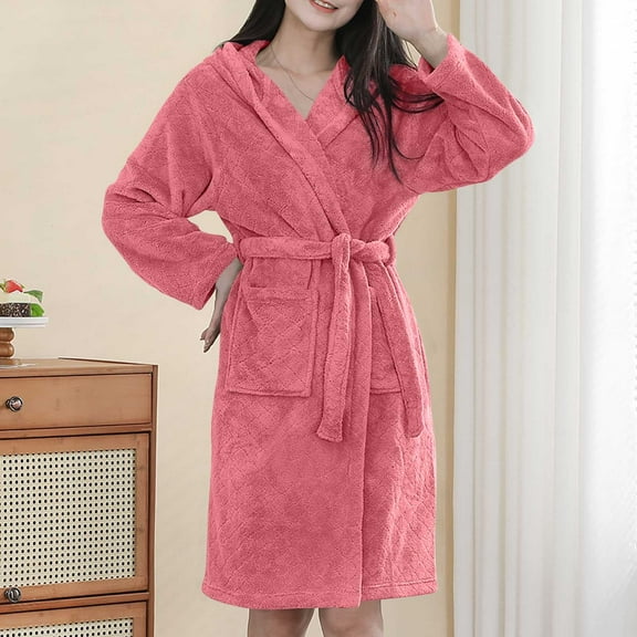 Women Plush Robes Hooded Belt Solid Color Mid-Length Nightgown Fuzzy Thermal Comfy Home Wear With Pockets (Free Size, Watermelon Red)