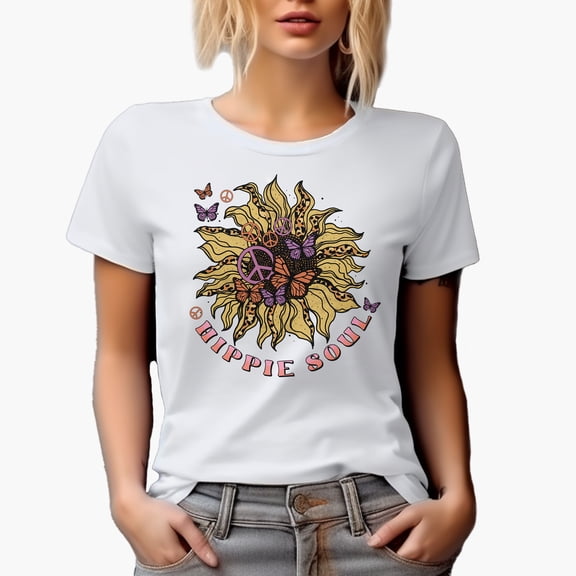 Hippie Soul with Retro Sunflower, Peace Sign & Butterflies Art Merch Gift, White T-Shirt, Small