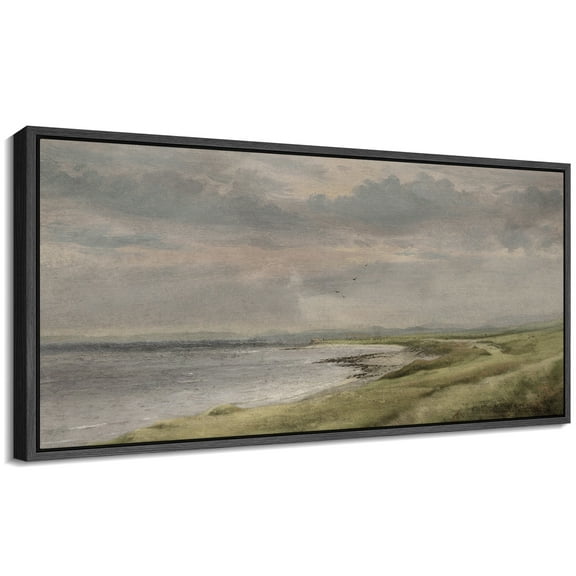 Large Framed Canvas Print Vintage Seaside Landscape with Moody Sky and Calm WatersWall Art Decorative Ready to Hang Painting for Living room Bedroom 60x30 inches Black Frame