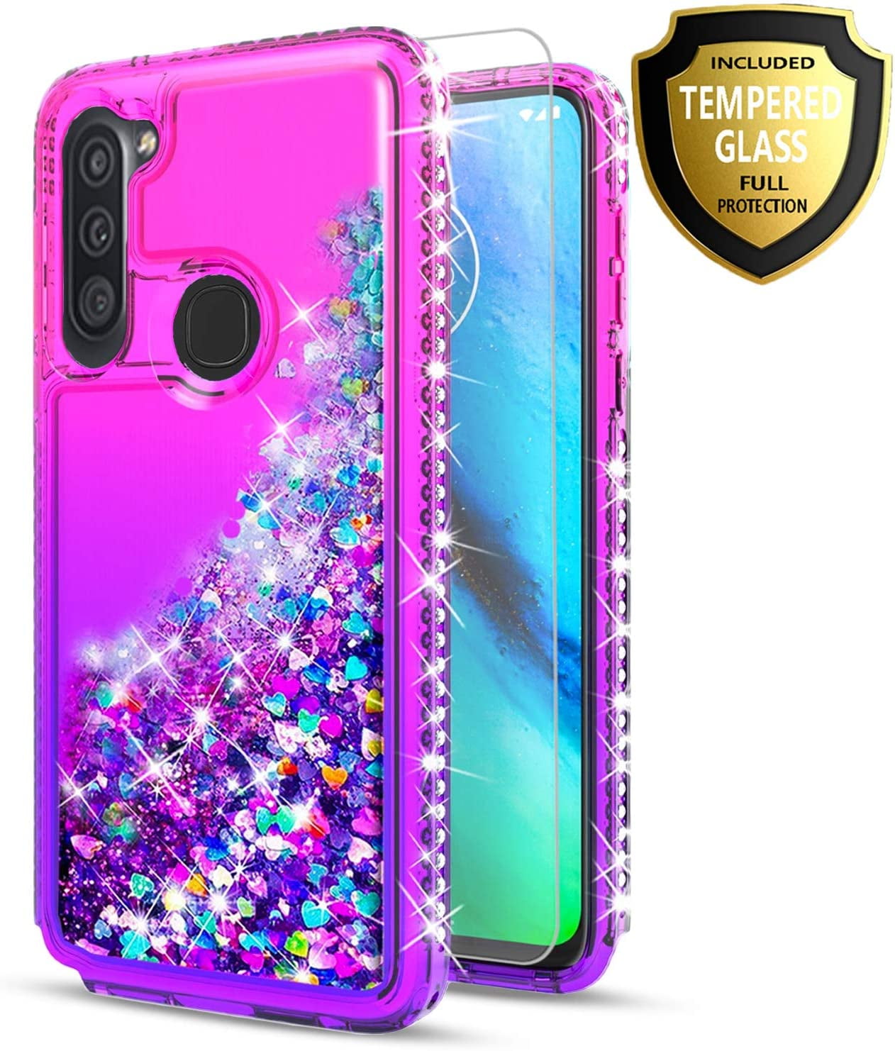 samsung-galaxy-a11-phone-case-with-tempered-glass-protector-included-liquid-floating-glitter
