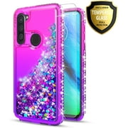 Samsung Galaxy A11 Phone Case, with [Tempered Glass Protector Included] Liquid Floating Glitter Quicksand Bling with Spot Diamond Cover - Pink/Purple