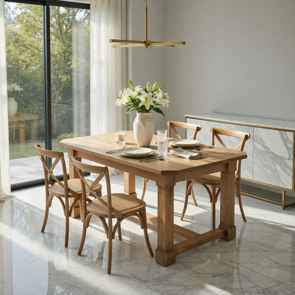 Hommoo 63 Inch Solid Wood Farmhouse Dining Table for 4–6 People, Rustic Rectangular Kitchen Table with Heavy-Duty Square Legs & Reinforced Crossbar Support, Natural