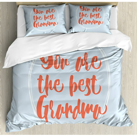 Grandma King Size Duvet Cover Set, Doodle Circles on Pastel Background and Calligraphic Best Grandma Quote, Decorative 3 Piece Bedding Set with 2 Pillow Shams, Pale Blue Dark Coral, by