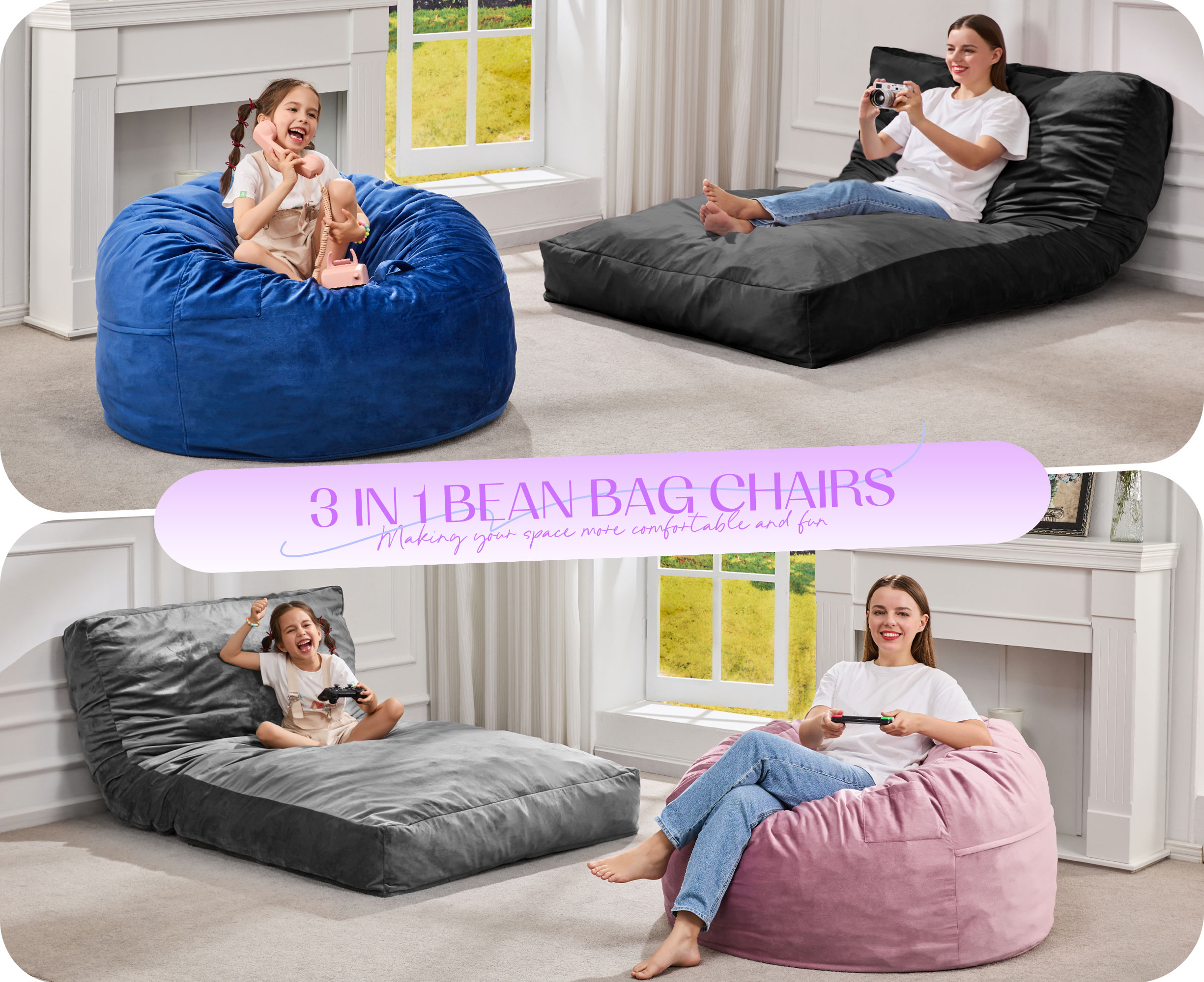Hobestluk Bean Bag Chair 3 in 1 Beanbag Chairs for Adults, Large Bean Bags with Removable Velvet Cover, Convertible Adult Bean Bag Chair for Living Room, Bedroom, Playroom (Pink, Queen)