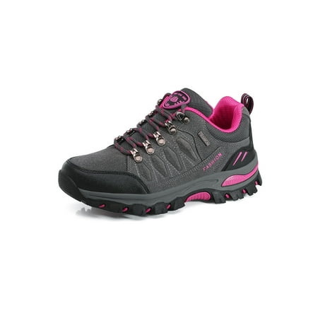 

Eloshman Unisex Comfortable Anti-collision Hiking Shoes Trailing Slip Resistant Lace Up Walking Sneakers Gray Rose Red 4.5