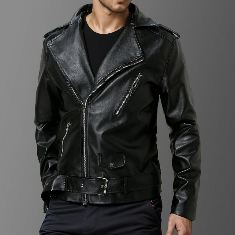 Brnmxoke Cropped Leather Jacket Men Vintage Long Sleeve Asymmetric