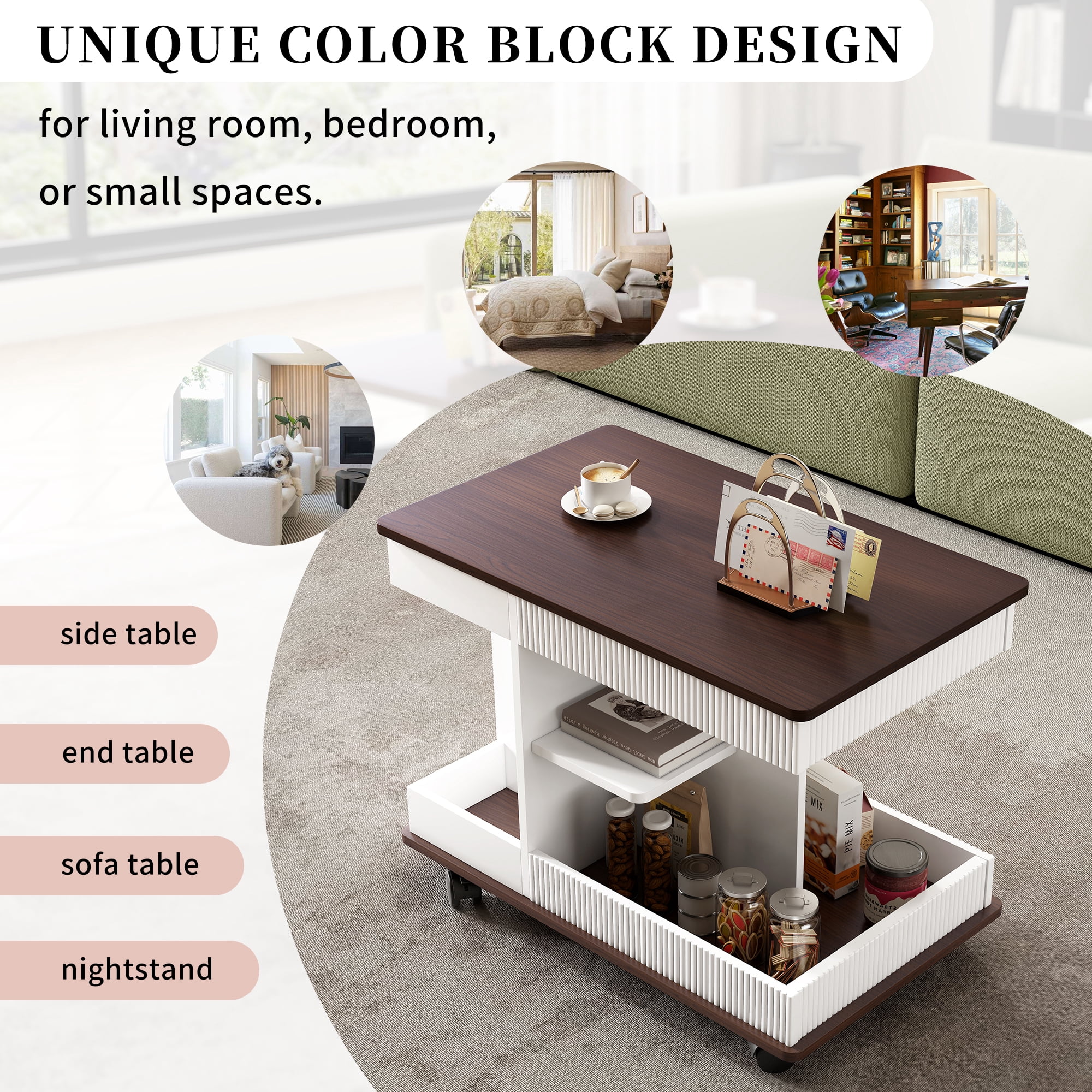 Euroco Modern Lift-Top Rotating End Table with Wood Grain Finish, Storage & Lockable Casters