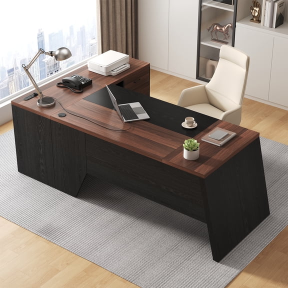 L-Shaped Executive Desk with Power Outlet, 78-Inch Large Office Desk with Storage Drawer and Lateral File Cabinet, Modern Computer Table with Open Shelf and PC Stand for Study, Brown Black