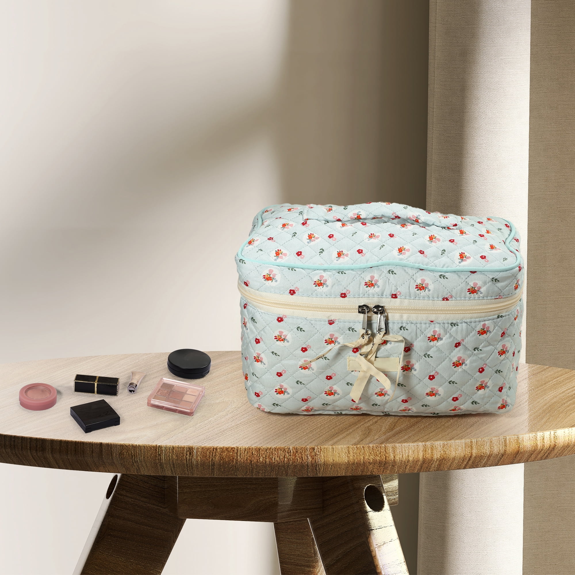 Unique Bargains Cotton Makeup Bag Large Travel Cosmetic Bag Quilted Toiletry Bag Blue