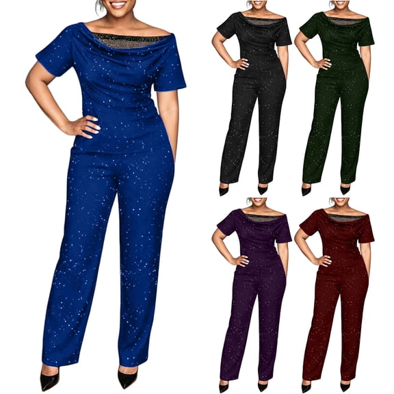 Ihhxva Women's 2 Piece Outfits off Shoulder Jumpsuit Set Summer Fit Sparkle Wide Leg Glittery Sequin Evening Party Stretchy Flowy Casual S-3XL