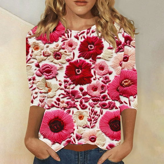 Fznquz Floral Womens T-Shirt Pink 3/4 Sleeve Round Neck Tops Summer Dressy Casual Cute Fashion for Women L