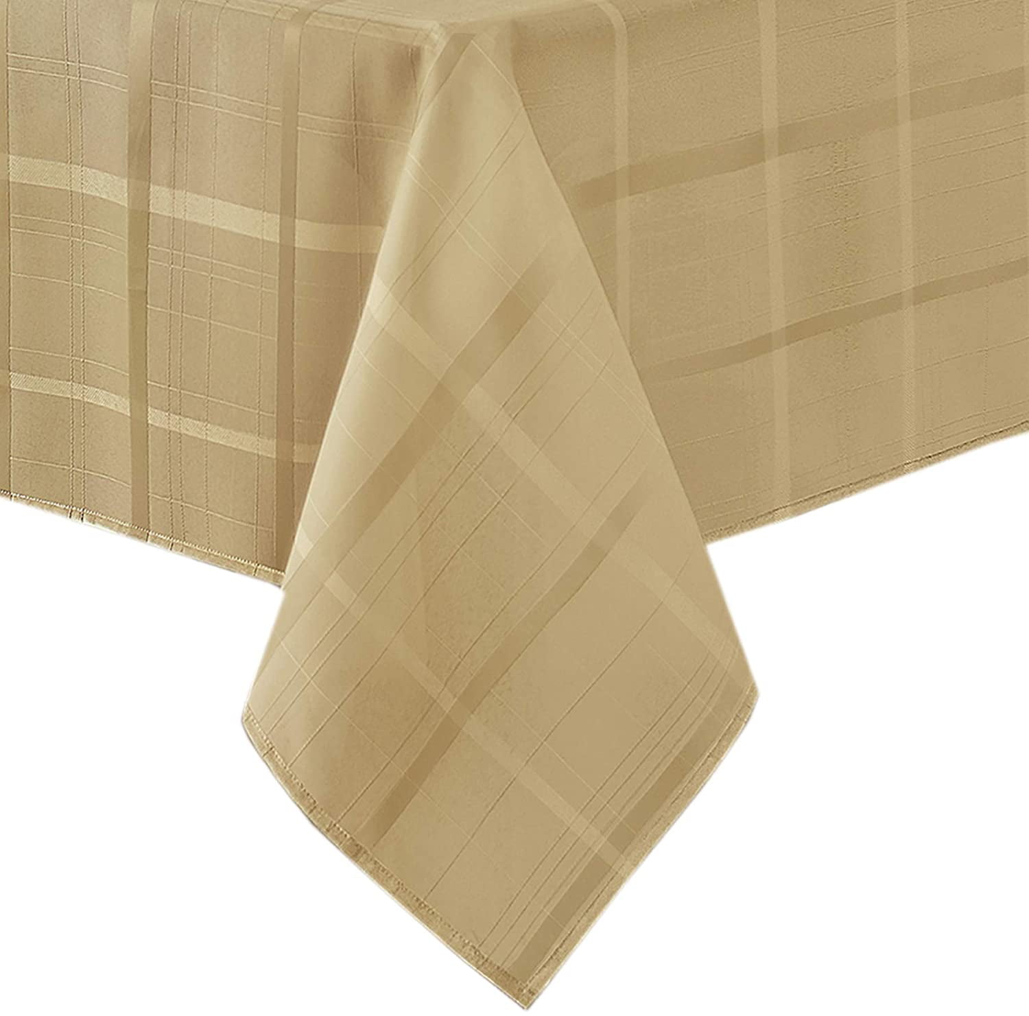 Newbridge 70 Inch Round Fabric Tablecloth, Elegance Plaid, 100% Polyester, No Iron Soil Resistant Dining Room, Party and Banquet Table Cover, Solid Textured, Ribbon Gold