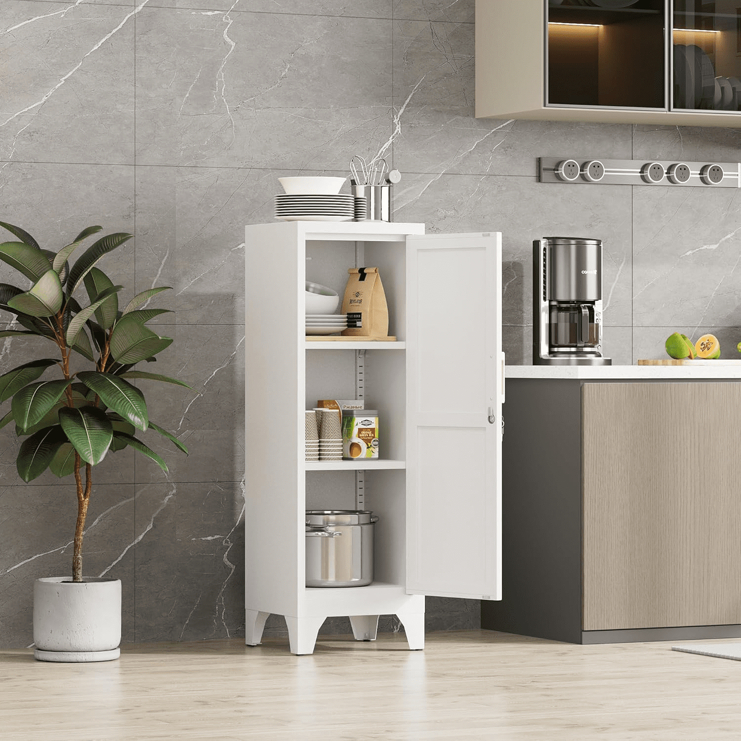46"H White Metal Pantry Cabinet with 1 Lockable Door and 2 Adjustable Shelves, 3 Tier Small Storage Cabinet with Detachable Legs and Vintage Handle for Kitchen,Home Office,Gym,School,Easy Assembly