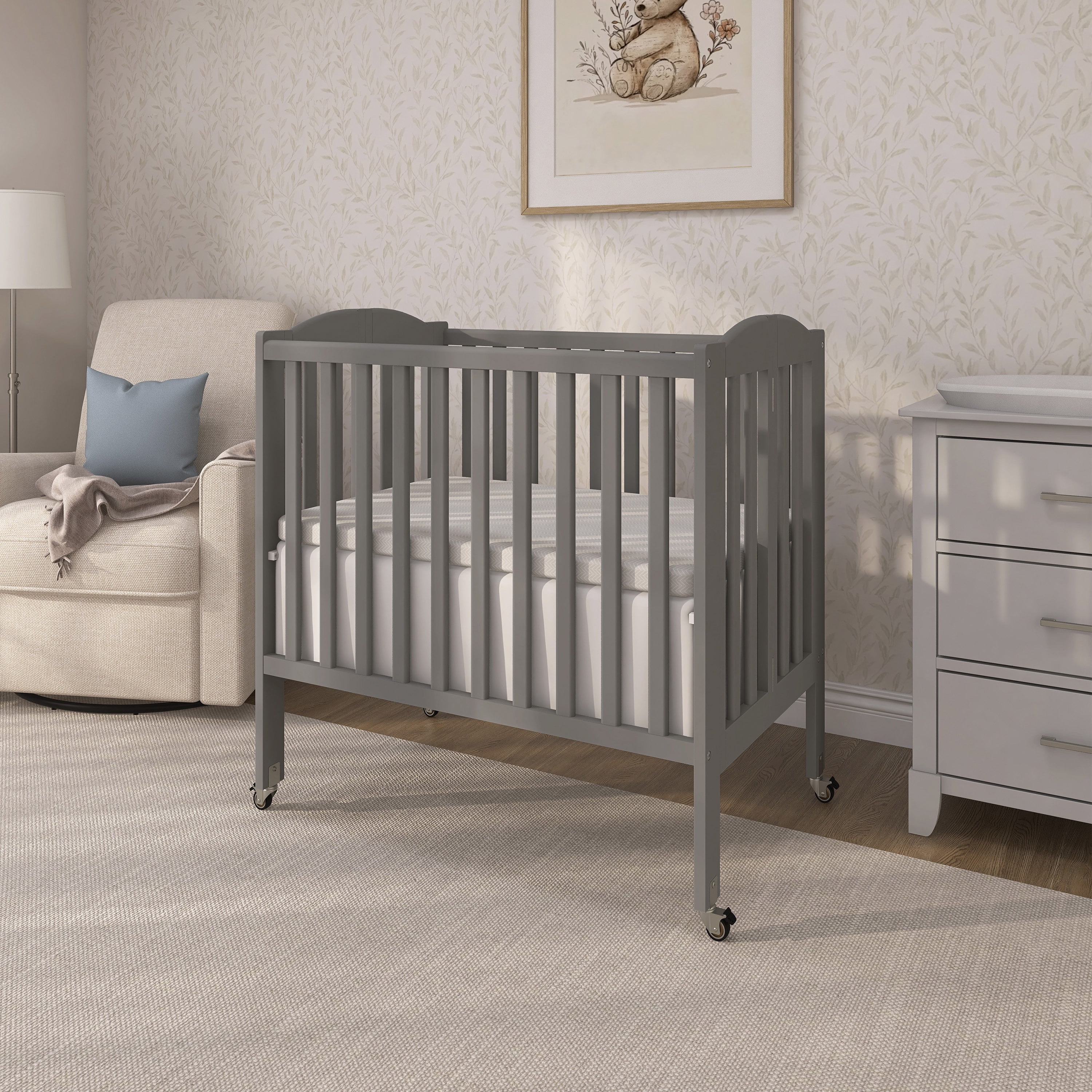 Dream On Me 2-in-1 Folding Portable Mini Crib in Storm Grey, Mattress Pad Included, Easy to Fold and Store Baby Crib, Two Adjustable Mattress Height positions Convertible Crib