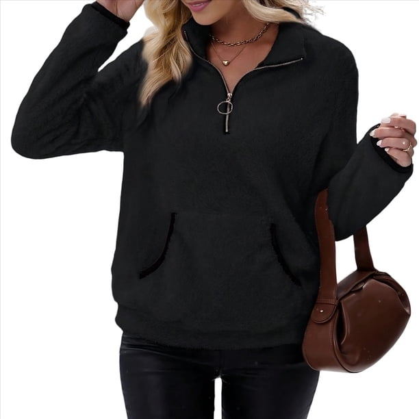 Sudadera Informal de con Cremallera de un Cuarto para Mujer, Larga, Ligera, Suave y Afelpada, con Bolsillos. Negro L