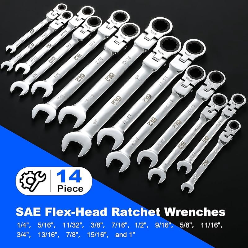 14-Piece Metric Flex-Head Ratcheting Wrench Set, 6-19mm Ratchet Combination Wrench Kit with Storage Case, 72 Tooth, Cr-V Steel Constructed