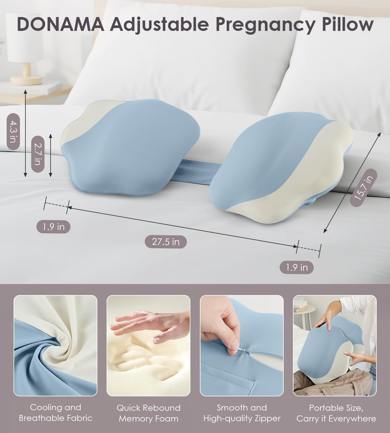 Pregnancy Pillows for Sleeping, Memory Foam Maternity Pillow Support for Back Belly HIPS, Adjustable Travel Wedge Pillow for Pregnant Women, Side Sleeping Pregnant Pillows with Cooling Pillowcase