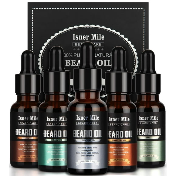Isner Mile Juego de 5 aceites para barba, acondicionador sin enjuague, madera de cedro, sándalo, salvia, naranja dulce para hombres, bigotes, suaviza la fuerza hidratante, rellenos de medias, regalos