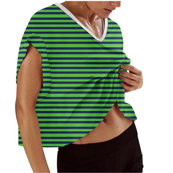 Womens Short Sleeve Workout Shirts Open Back Tops Casual Yoga Y2k Athletic Gym Striped Printed Crop Running Tees
