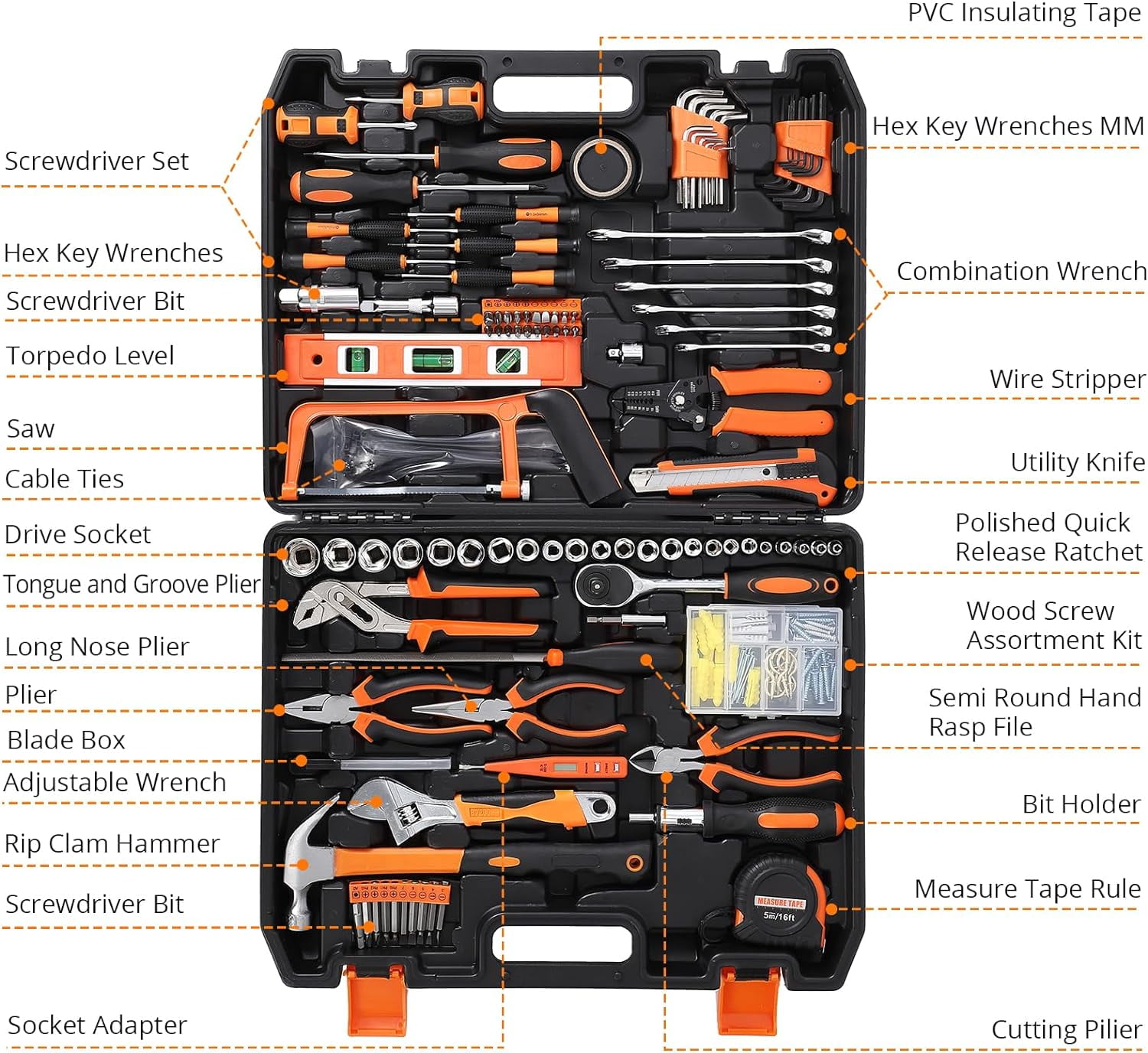 AOILE 236 Piece Socket Wrench Auto Repair Tool Combination Package Mixed Tool Set General Household Hand Tool Kit with Plastic Toolbox Storage Case
