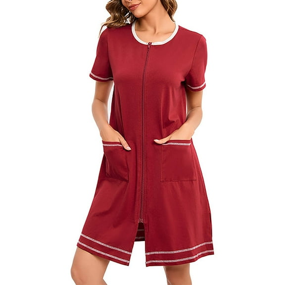 Kaemgyyd Zip up Robes for Women Soft Comfy Short Sleeves Crew Neck Sleepwear Lightweight Nightgown with Pockets