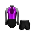 thumbnail image 2 of iiniim Gymnastics Leotards for Girls Dance Long Sleeve Unitards Sparkly Bodysuit with Shorts Outfits Purple&Black 12, 2 of 7