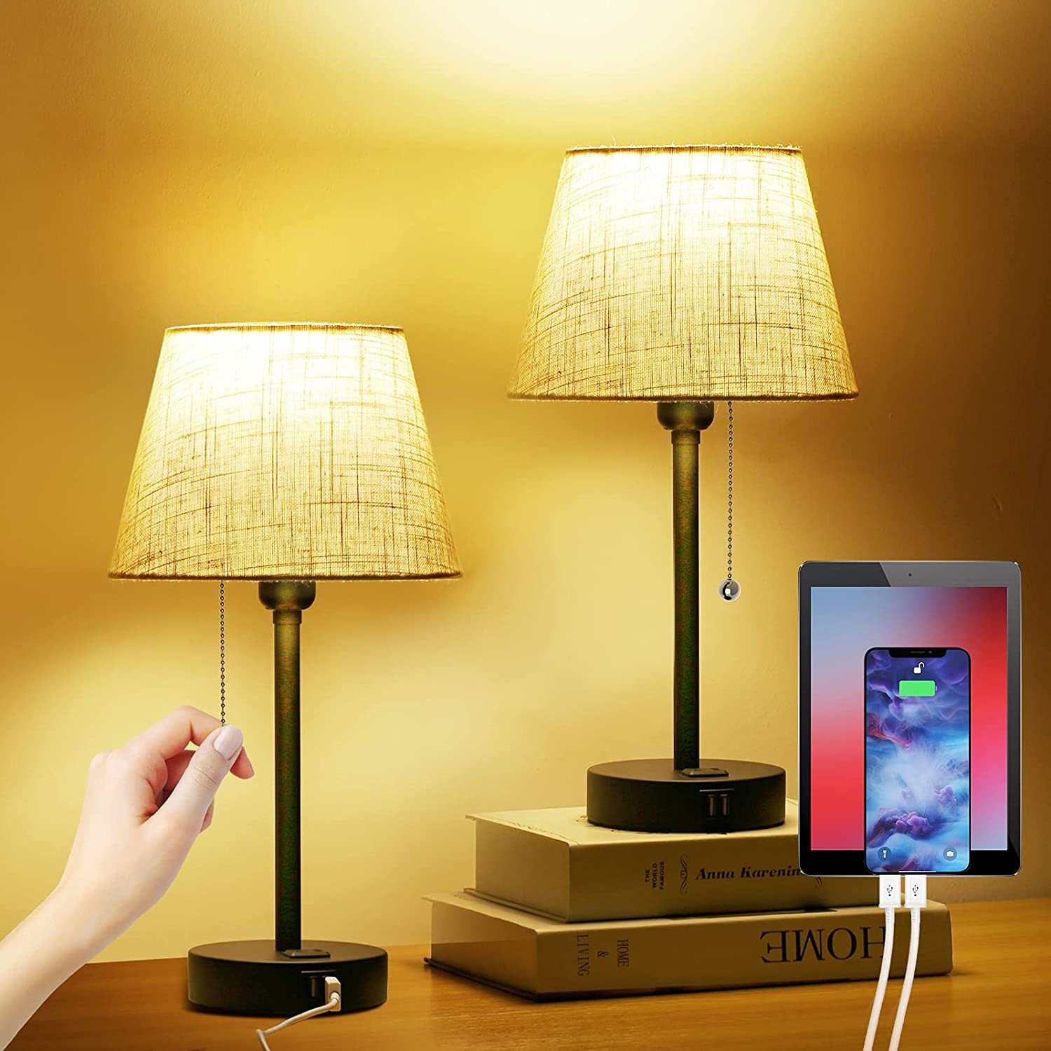Neoglint Bedside Table Lamp Desk Nightstand Lamp Dual USB and Socket