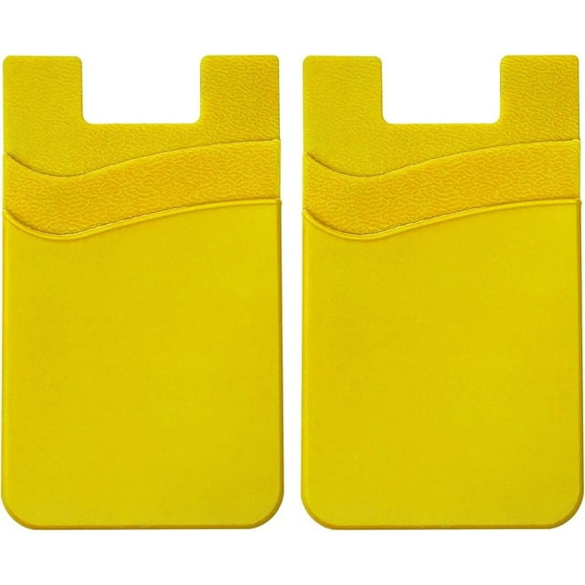 Silicone Phone Card Holder Double Slot Pocket, Stick On Wallet, Adhesive Credit Card Pouch, Compatible with iPhone & Samsung Galaxy - Yellow, Pack of 2