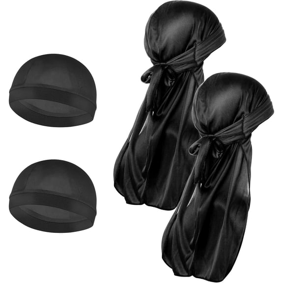 Silky Wave Caps 4 Pcs Satin Hats Wide Strap Headwraps Unisex Turban Soft Bonnet Long Tail Head Wraps Smooth Head Scarf Elastic Hairband Breathable Headwear Fit Sleeping, Party (Black)