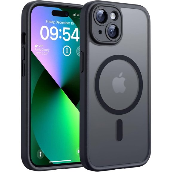 Magnetic for iPhone 13 Case, Upgraded Full Camera Protection, Compatible with Magsafe, Drop Protection, Translucent Matte Back Bumper Phone Cover 6.1-Inch (Black)