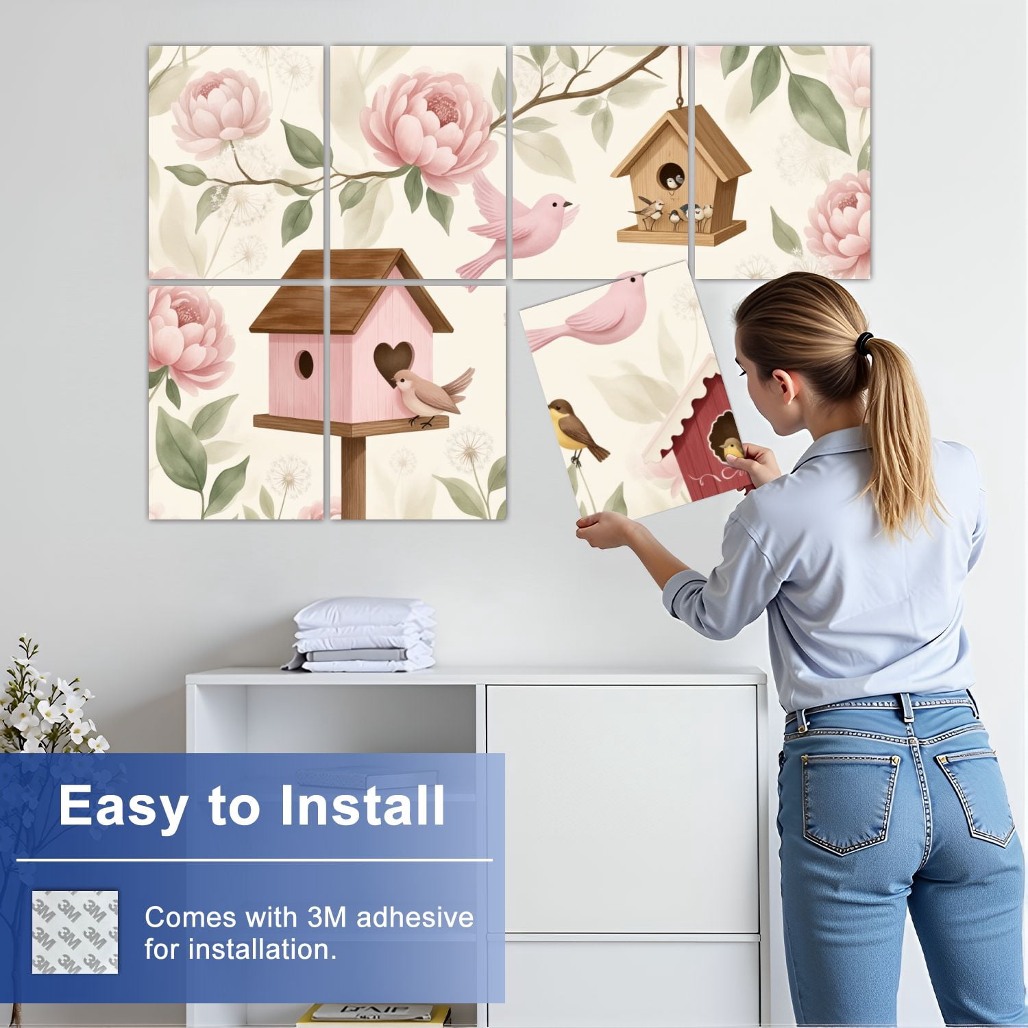 8 Pack Art Acoustic Panels Sound Absorbing Pastel Floral Birdhouses Small Birds Decorative Soundproof Wall Panels Self Adhesive for Nursery Game Room Bedroom 48"x32"