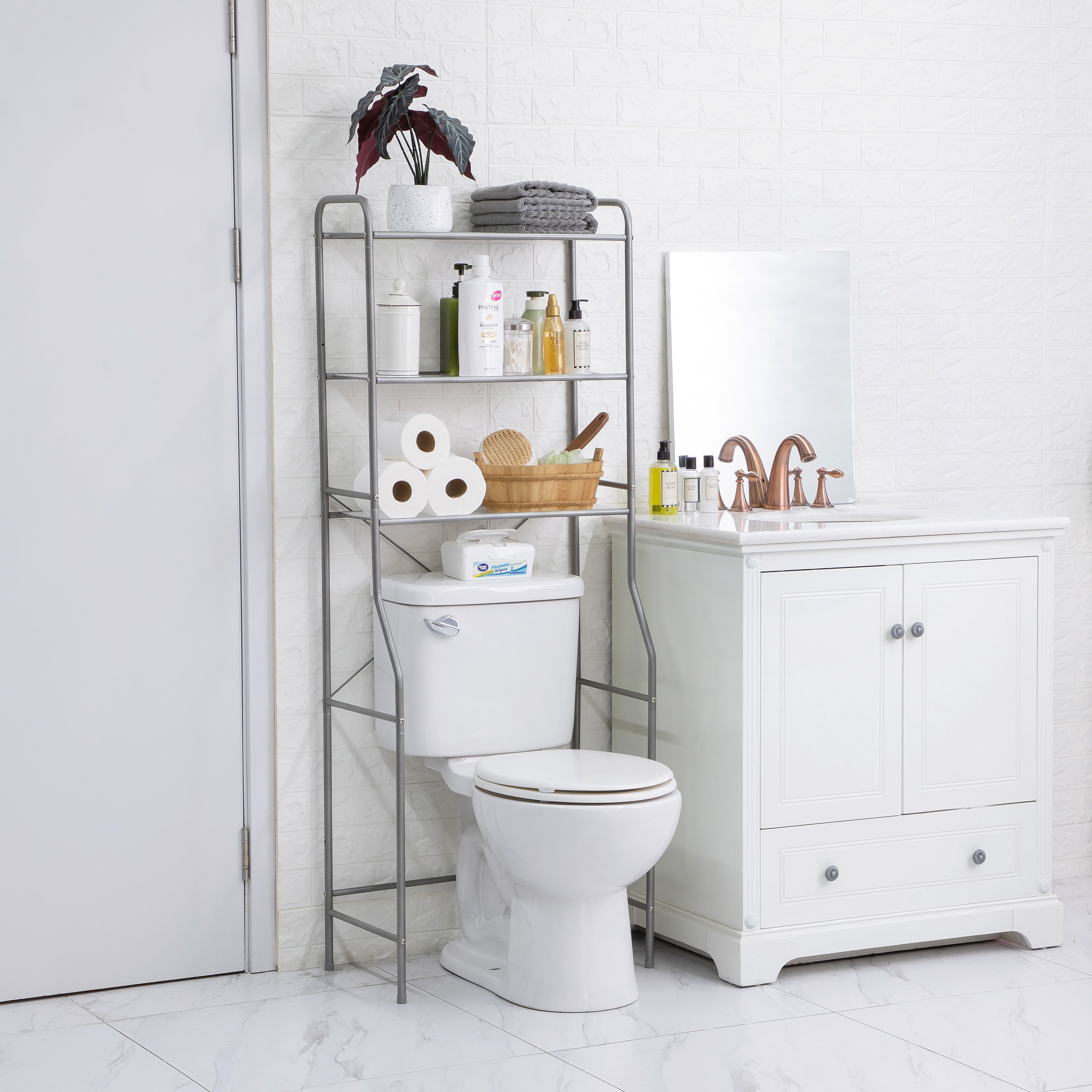Mainstays Over-the-Toilet 3-Shelf Steel Storage Unit with Liners, Satin Nickel