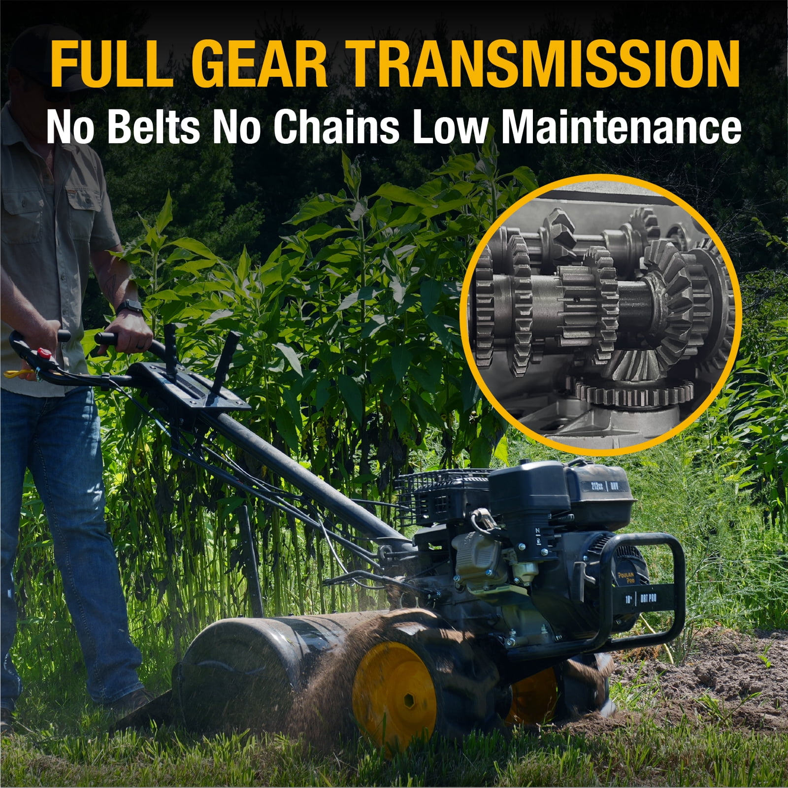 Poulan Pro Dual Direction Rear Tine Tiller, 212cc Powerful Gas Engine, Full Gear Transmission, Dual Rotating, Airless Tires,  Instant Reverse 18 Inch Gas Gardon Tiller,  Model: PPDRT18 PRO