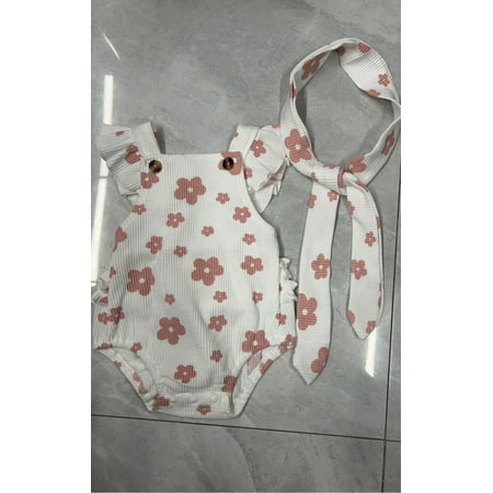 

Toddler Infant Baby Sweet Girl Suspender Jumpsuit Set Casual Floral Print Ruffled Flying Sleeve Rompers and Headband White Flower and Bowknot