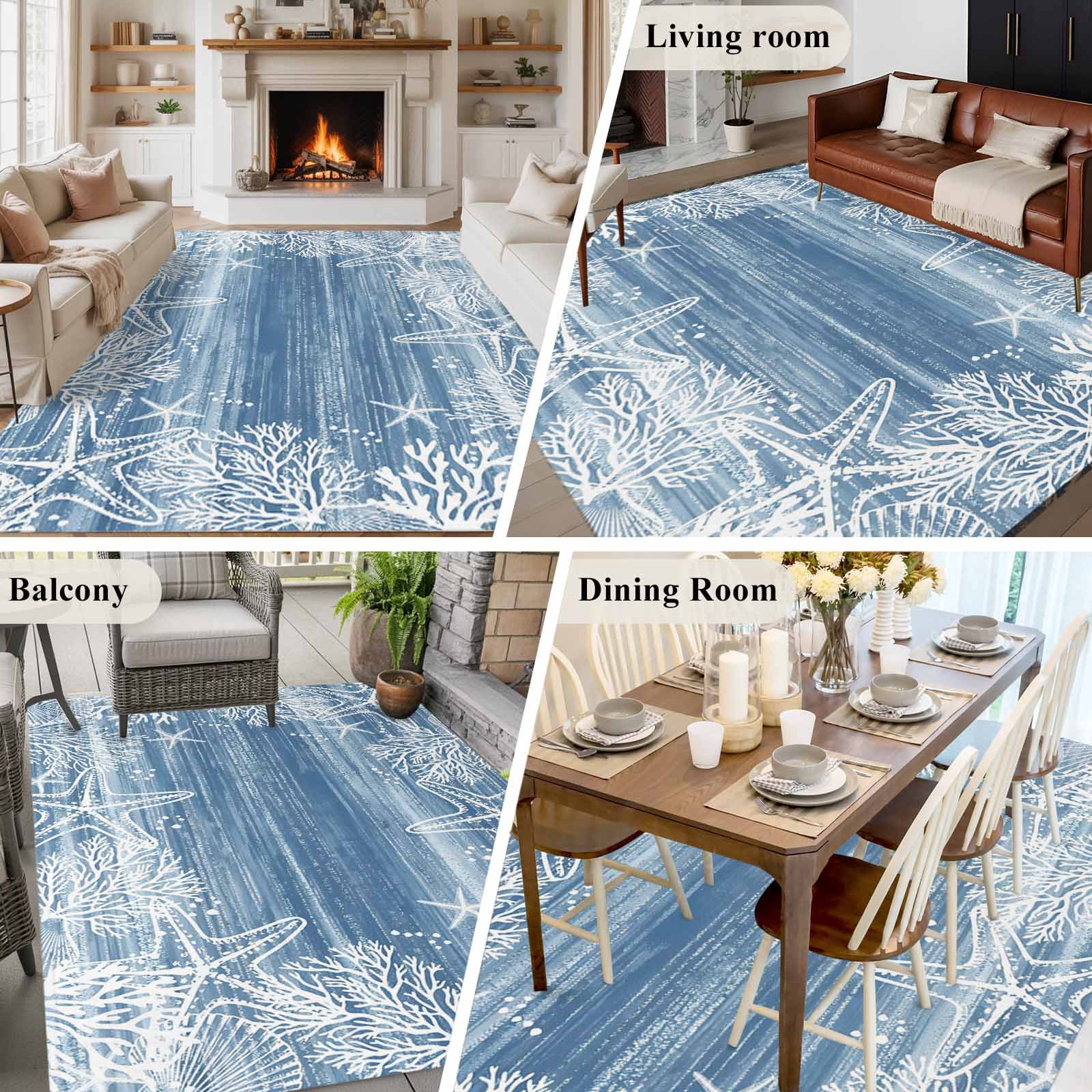 Blue Coastal Nautical Area Rugs 8'x10', Washable Small Throw Rugs for Living Room Patio, Summer Ocean Sea Waves Starfish Coral Indoor Outdoor Rug Non-Slip Low Pile Carpet Runner Reversible Floor Mats