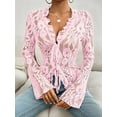 thumbnail image 5 of Lace Tops for Women Long Sleeve See Through Sheer Mesh Crop Top Shirt Open Front Tie Blouse Ruffle Pink M, 5 of 9