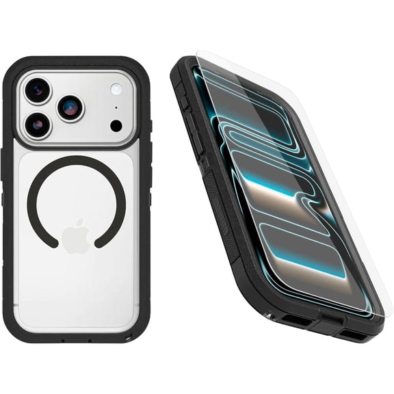 OtterBox iPhone 17 Pro (Only) Bundle: Defender Series XT Clear Case & Screen Protector - Dark Side (Clear/Black) - Snaps on MagSafe - Tough - Rugged & Durable - Non-Retail Packaging