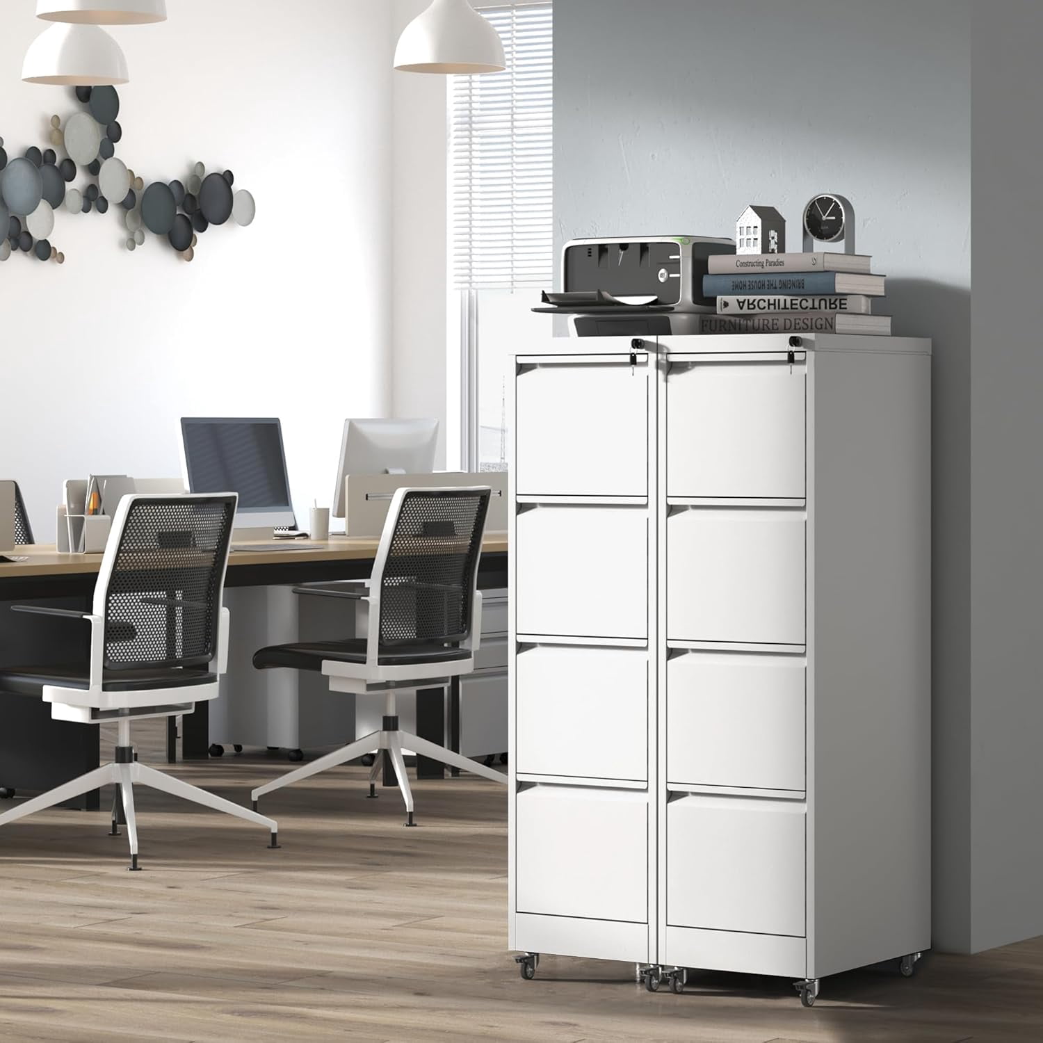 IKIMI 4-Drawer Vertical File Cabinets with Lock, Portable Rolling Metal Filing Cabinet for Legal/Letter/A4 Files, White