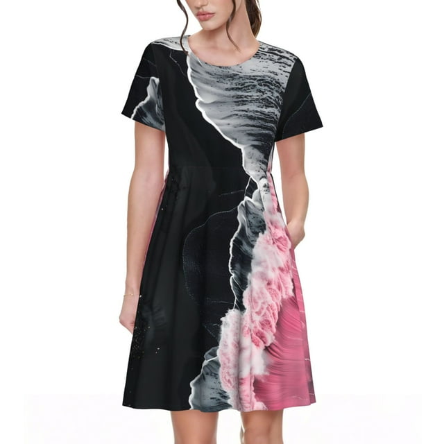 Fotbe Pink White Ocean Waves Vestido Largo de Moda para Mujer, Vestido Tipo Camiseta con Manga Corta y Estilo Casual a Rayas y Bloques de Color