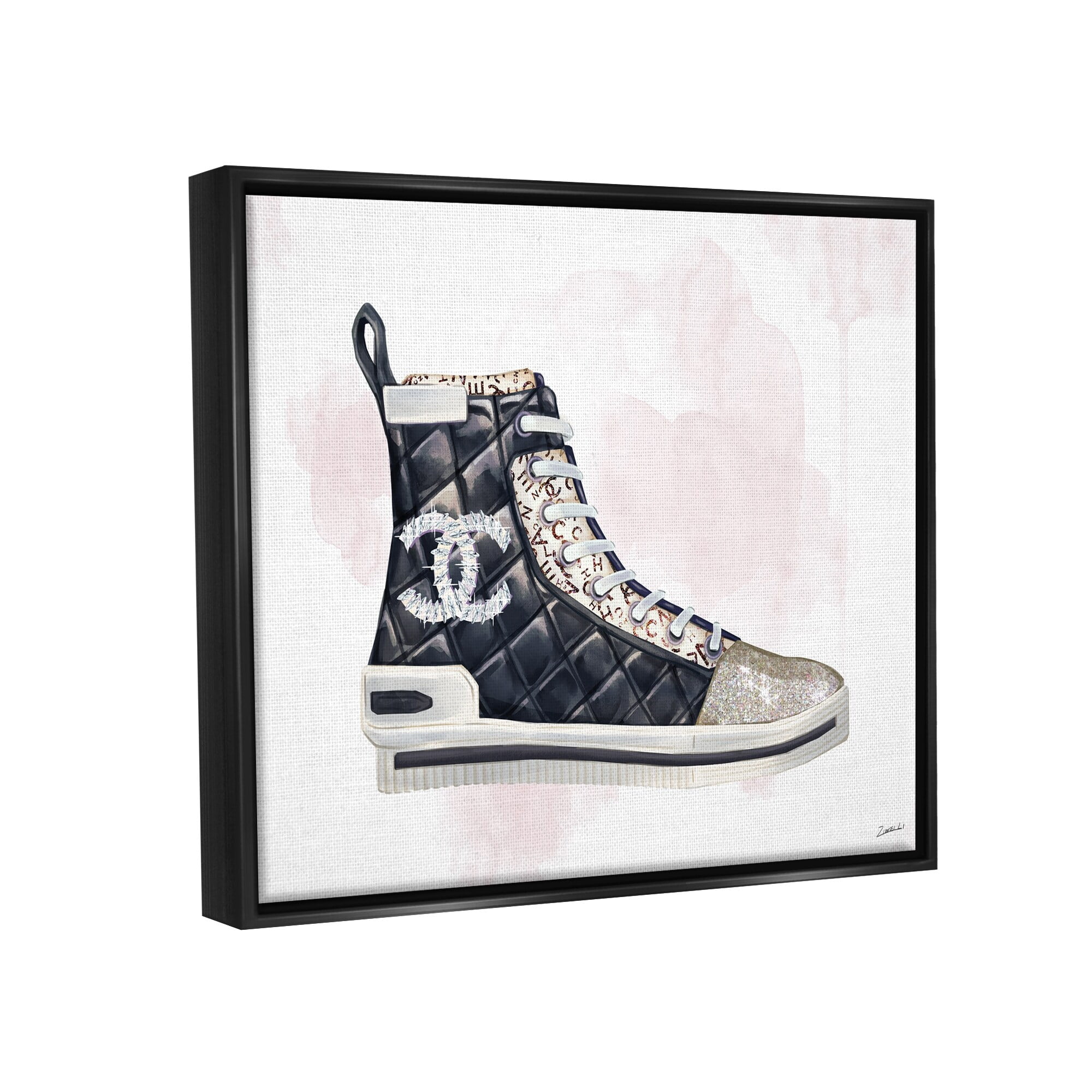 Stupell Industries Glam Fashion Quilted Sneaker Designer Style Jet Black Framed Floating Canvas Wall Art, 24x30, by Ziwei Li