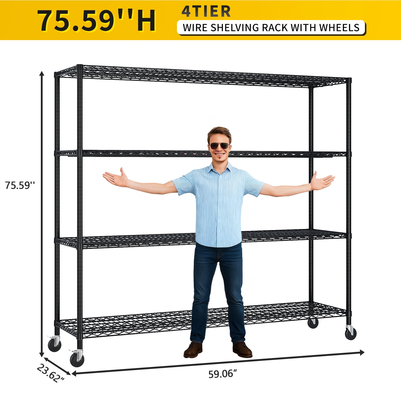 4-Tier Adjustable Iron Shelving Unit, 59.84 x 24.41 x 75.59 in, Black