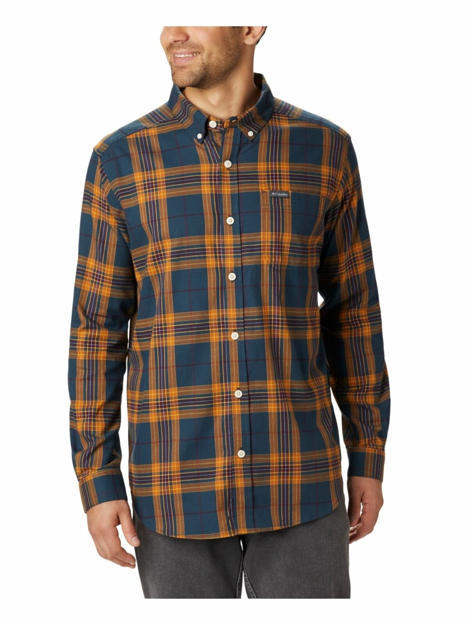 COLUMBIA Mens Yellow Plaid Collared 