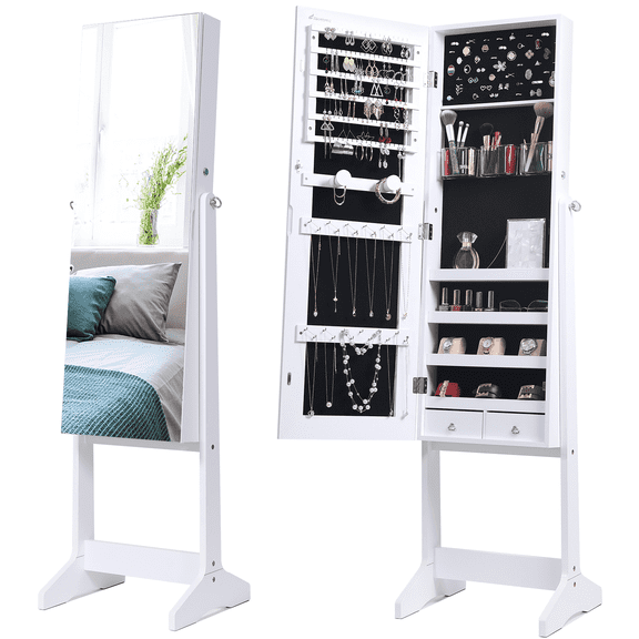 Skyhill Jewelry Cabinet with Full-Length Mirror, Standing Lockable Jewelry Armoire Organizer, 3 Angel Adjustable, White